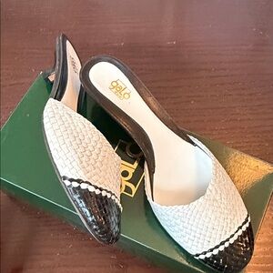 Elegant Black and White Woven Mules